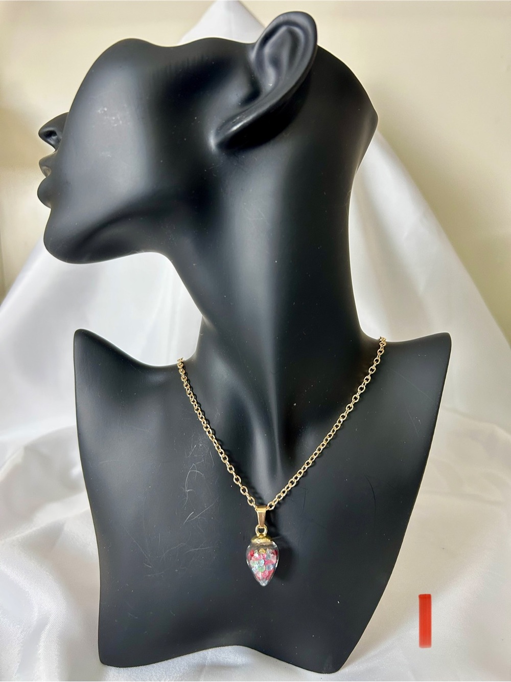 Lovely Gold Tone Crystal Filled Glass Pendant Measures 18”